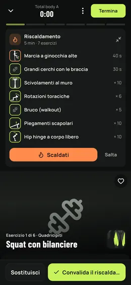 Il riscaldamento aperto nell'allenamento in corso