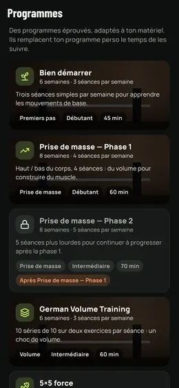 La liste des programmes, avec durée, niveau et séances par semaine