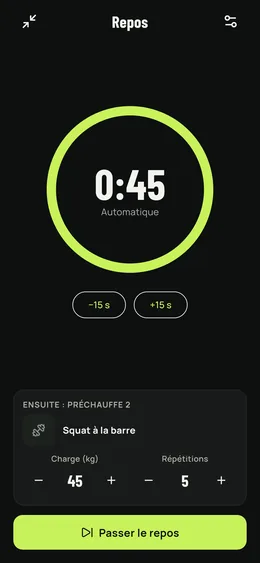 La minuterie de repos, avec l'exercice suivant déjà prêt.