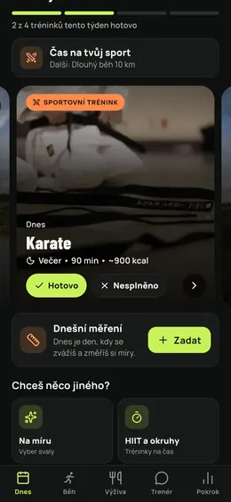 Obrazovka Dnes se sportovním tréninkem dne