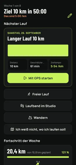 Die Laufstartseite: nächster Lauf und Woche
