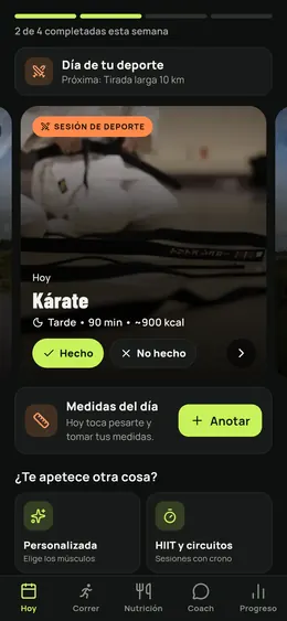 La pantalla Hoy con la sesión de deporte del día