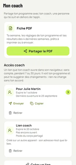 Le partage avec ton coach : PDF et liens