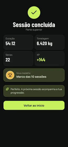 O fim da sessão: duração, tonelagem, séries, experiência ganha e medalha.