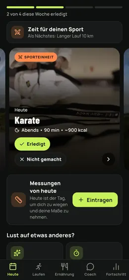 Der Bildschirm Heute mit der Sporteinheit des Tages
