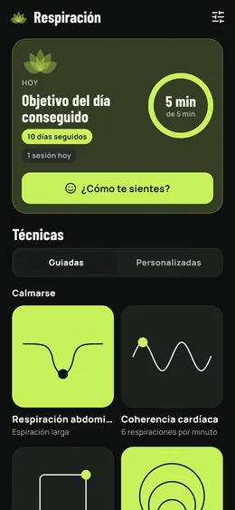 La página Respiración y sus técnicas