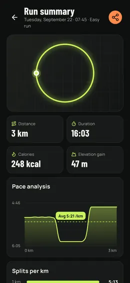 A run summary with the pace analysis