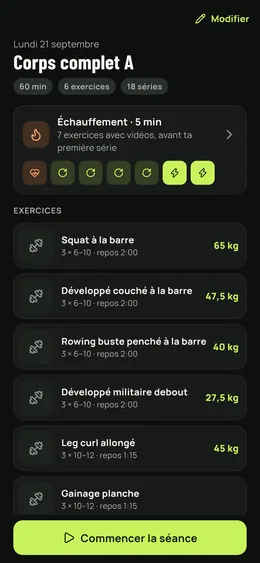 Le détail d'une séance : échauffement, exercices, séries et charges.