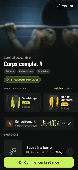 Détail d'une séance : durée, exercices et muscles ciblés