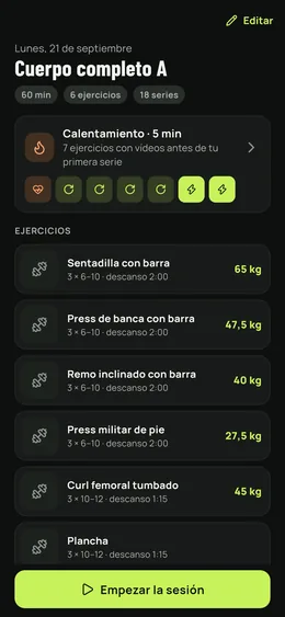 Una sesión en detalle: calentamiento, ejercicios, series y cargas.