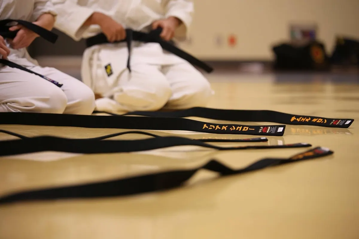 Black karate belts lying on the mat