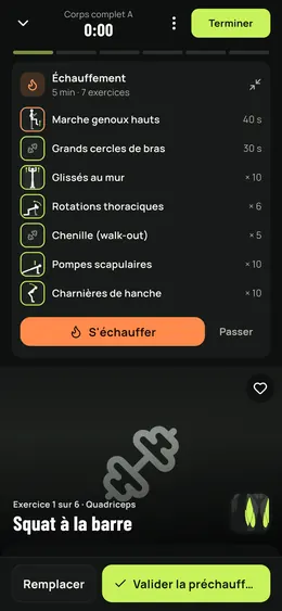 L'échauffement déplié dans la séance en cours