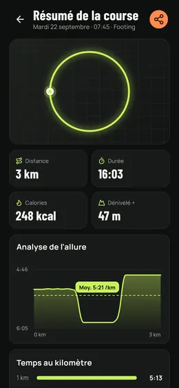 Le résumé d'une course et l'analyse de l'allure