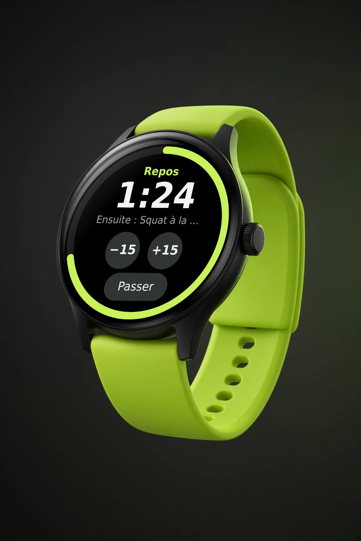 Azetta rest screen on a watch: 1:24 countdown, −15 and +15 buttons, Skip