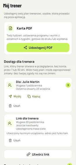 Udostępnianie trenerowi: PDF i linki