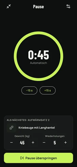 Der Pausen-Timer, mit der nächsten Übung schon bereit.
