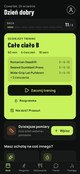 Ekran dnia: zaplanowany trening, regeneracja mięśni i pomiary do wykonania.