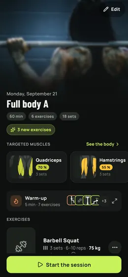 Session detail: length, exercises and targeted muscles