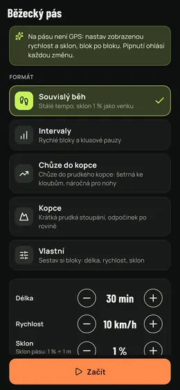 Výběr tréninku na pásu