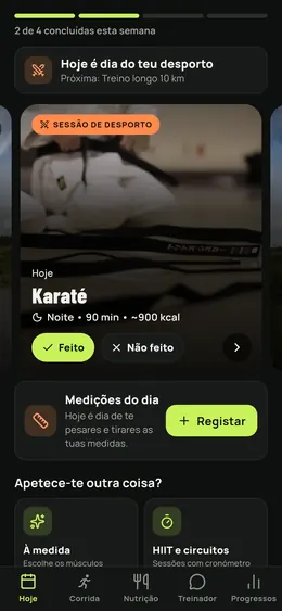 O ecrã Hoje com o treino de desporto do dia