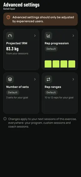 An exercise's advanced settings