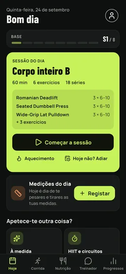O ecrã do dia: a sessão prevista, a recuperação muscular e as medidas a registar.