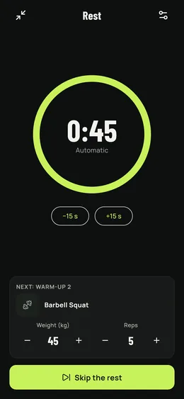 The rest timer, with the next exercise already lined up.