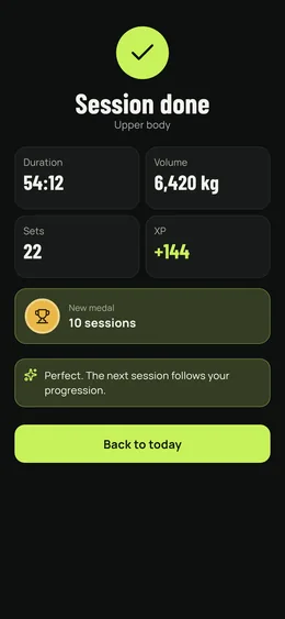 The end of a session: time, volume, sets, experience earned and medal.