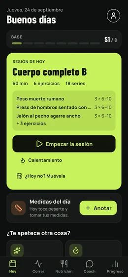 La pantalla del día: la sesión prevista, la recuperación muscular y las medidas por tomar.