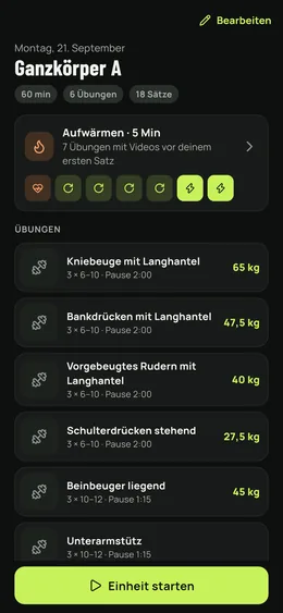 Eine Einheit im Detail: Aufwärmen, Übungen, Sätze und Gewichte.
